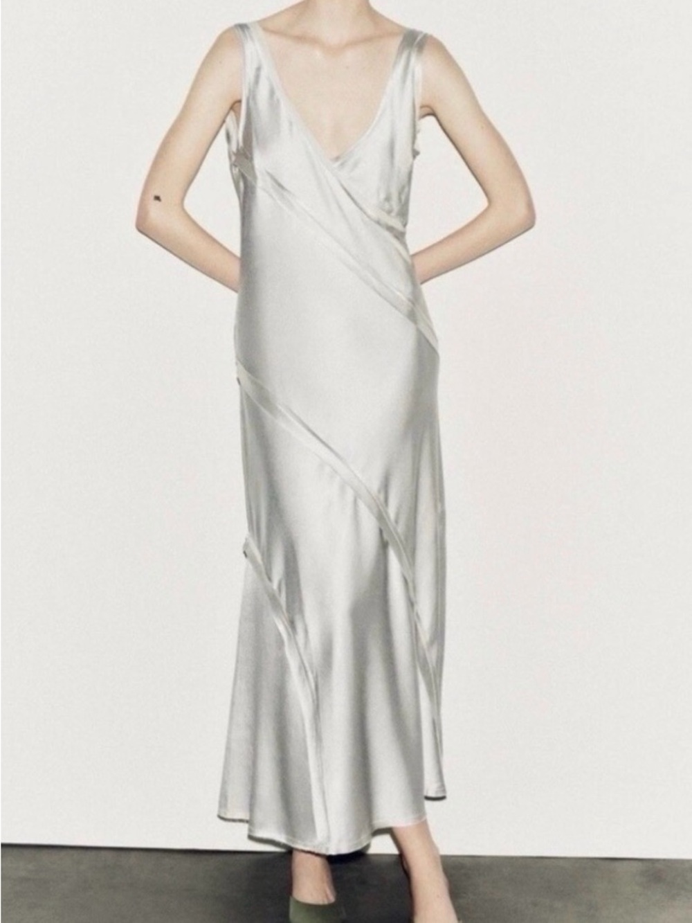 Zara Elegant Silver Slip Dress - Women's V-Neck Satin Maxi